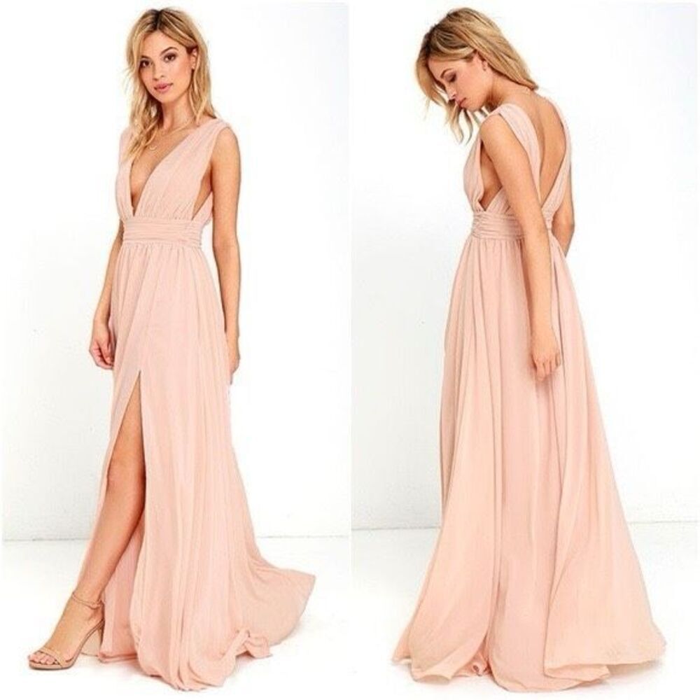 Lulus Xl Plunge Neck Flowy Maxi Dress Blush Pink High Slit Romantic Ethereal